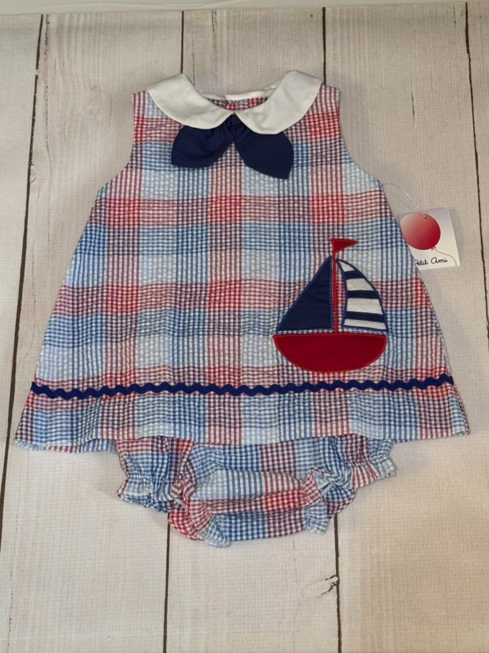 Petit Ami Red White Navy Plaid Seersucker Sailboat Dress and Bloomer 3 Months